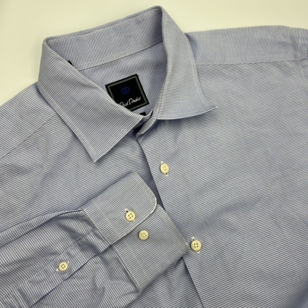 David Donahue Men's Trim Fit Blue Micro Check Cotton‎ Dress Shirt Size 17 34/35